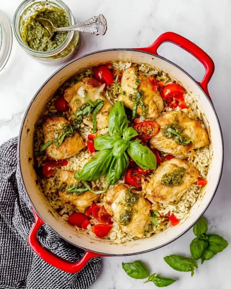 One Pot Loaded Veggie Pesto Chicken and Rice Recipe