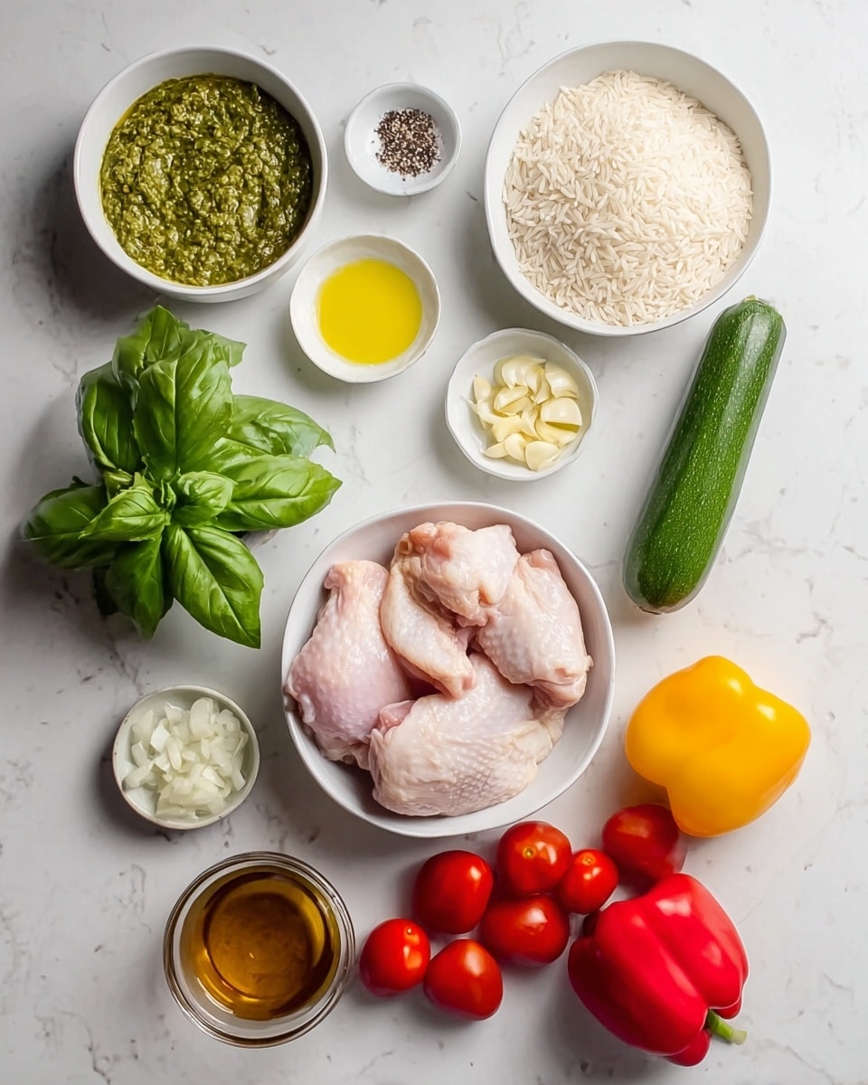 The image shows various ingredients arranged on a white marbled surface. In the center bottom, a white bowl holds raw chicken thighs with a pale pink color and smooth texture. To the right of the bowl is a whole green zucchini with a rough skin. Above the zucchini, a white bowl is filled with uncooked white rice grains. Next to the rice, a small white dish contains salt and black pepper. Above this dish, another small white cup holds yellow olive oil. Moving left from the oil, a small glass bowl contains minced garlic. Above the garlic is a bunch of fresh green basil leaves with a glossy texture. In the top left corner, a small white bowl contains green pesto sauce with a slightly coarse texture. Below the pesto, a clear glass cup holds a golden brown liquid with floating herbs. To the right of this cup are two bell peppers, one red and one yellow, both smooth and shiny. Finally, a small white bowl filled with red cherry tomatoes and a small glass bowl with chopped onions complete the layout. photo taken with an iphone --ar 4:5 --v 7