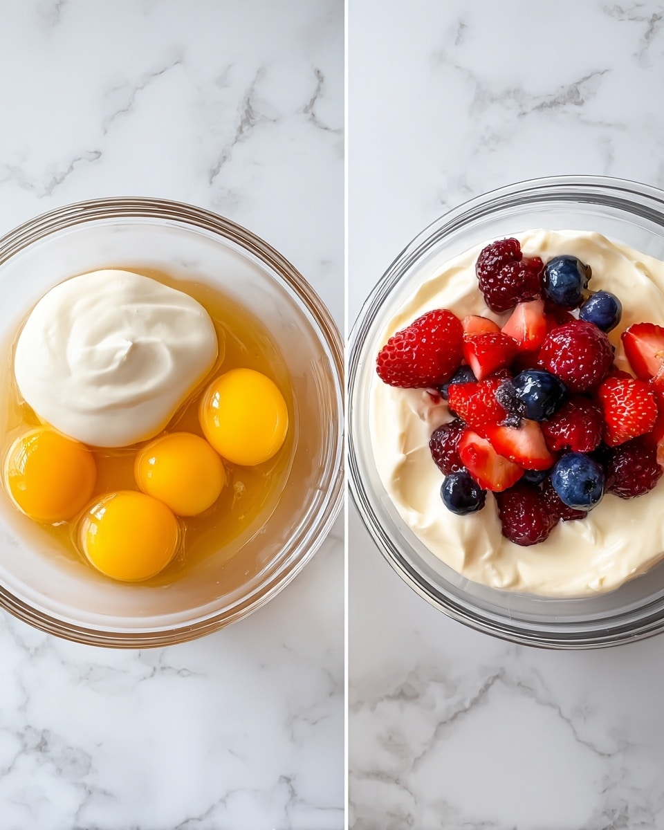 The image shows two clear glass bowls placed side by side on a white marbled surface. The left bowl contains four bright yellow egg yolks surrounded by egg whites, a dollop of thick white cream, and a pool of golden syrup at the bottom. The right bowl is filled with smooth, thick white cream, topped with a colorful mix of fresh red strawberries, dark red raspberries, and deep blue blueberries scattered on top. The bowls' contents have a fresh, natural look with soft textures and vibrant colors, photo taken with an iphone --ar 4:5 --v 7