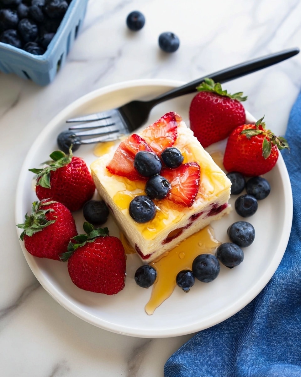 A white plate with a square piece of cheesecake in the center, showing two layers a creamy pale yellow top layer with visible slices of strawberries inside, and a thin, darker base layer. The cheesecake is drizzled with golden honey that pools slightly on the plate. Around the cheesecake, there are fresh bright red strawberries with green tops and scattered plump, dark blue blueberries. A black fork rests on the left side of the plate. The plate sits on a white marbled surface with a portion of a blueberry container visible in the top left corner and a blue cloth partially visible at the bottom right. photo taken with an iphone --ar 4:5 --v 7