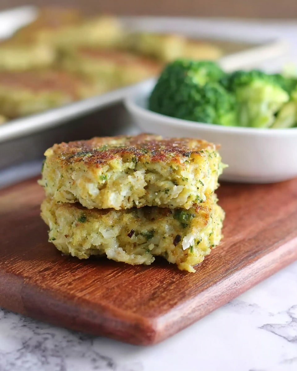 The image shows two stacked greenish-yellow patties with a slightly crispy surface placed on a wooden board. The patties have a crumbly texture with small bits of green herbs mixed inside. In the background, there is a white bowl containing bright green broccoli florets, all set on a white marbled surface. A tray with more patties is blurred in the distance. The photo is taken with an iphone --ar 4:5 --v 7