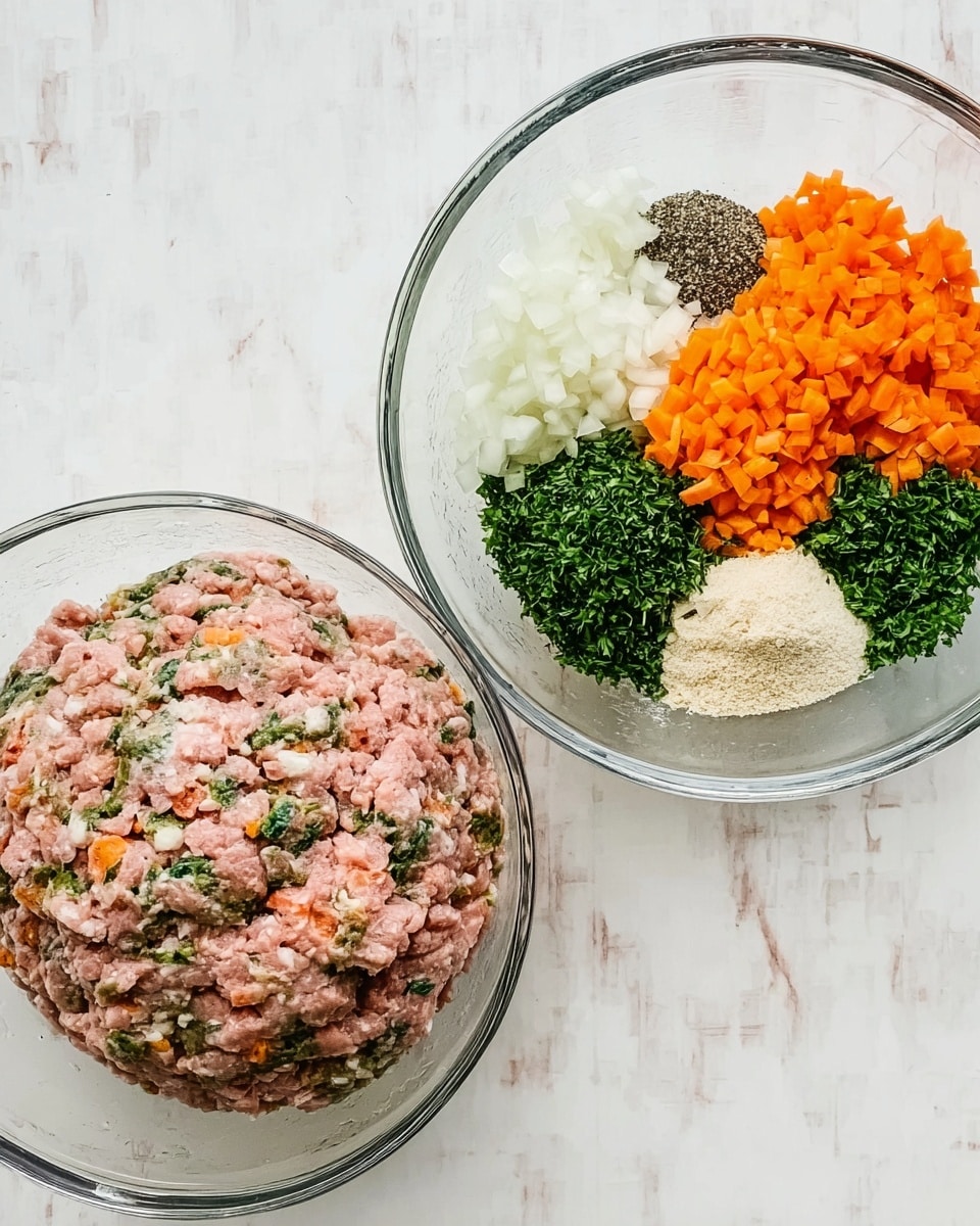 The image shows two glass bowls on a white marbled surface. The first bowl is filled with separate layers of ingredients: finely chopped white onions on the top left, black pepper next to it, small orange carrot pieces on the right, green chopped herbs both on the bottom left and bottom right, a light beige powder near the center, a small pile of white granules near the bottom right, and a mound of pink ground meat at the bottom left. The second bowl shows all these ingredients mixed together, forming a textured blend of pink meat with green herb bits, orange carrot flakes, and small white and black specks evenly spread throughout. The mixture looks moist and dense inside the clear glass bowl. photo taken with an iphone --ar 4:5 --v 7