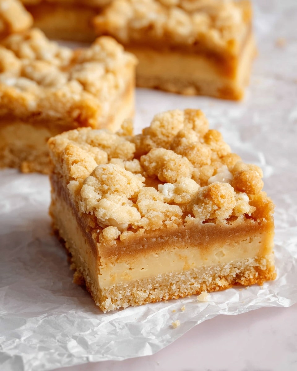 This image shows square dessert bars with three visible layers. The bottom layer is a light golden, crumbly crust. The middle layer is a smooth, soft beige filling. The top layer is made of larger, chunky crumbs in a golden-brown color, adding a textured look. The dessert bars are placed on crumpled white parchment paper on a white marbled surface. Photo taken with an iphone --ar 4:5 --v 7