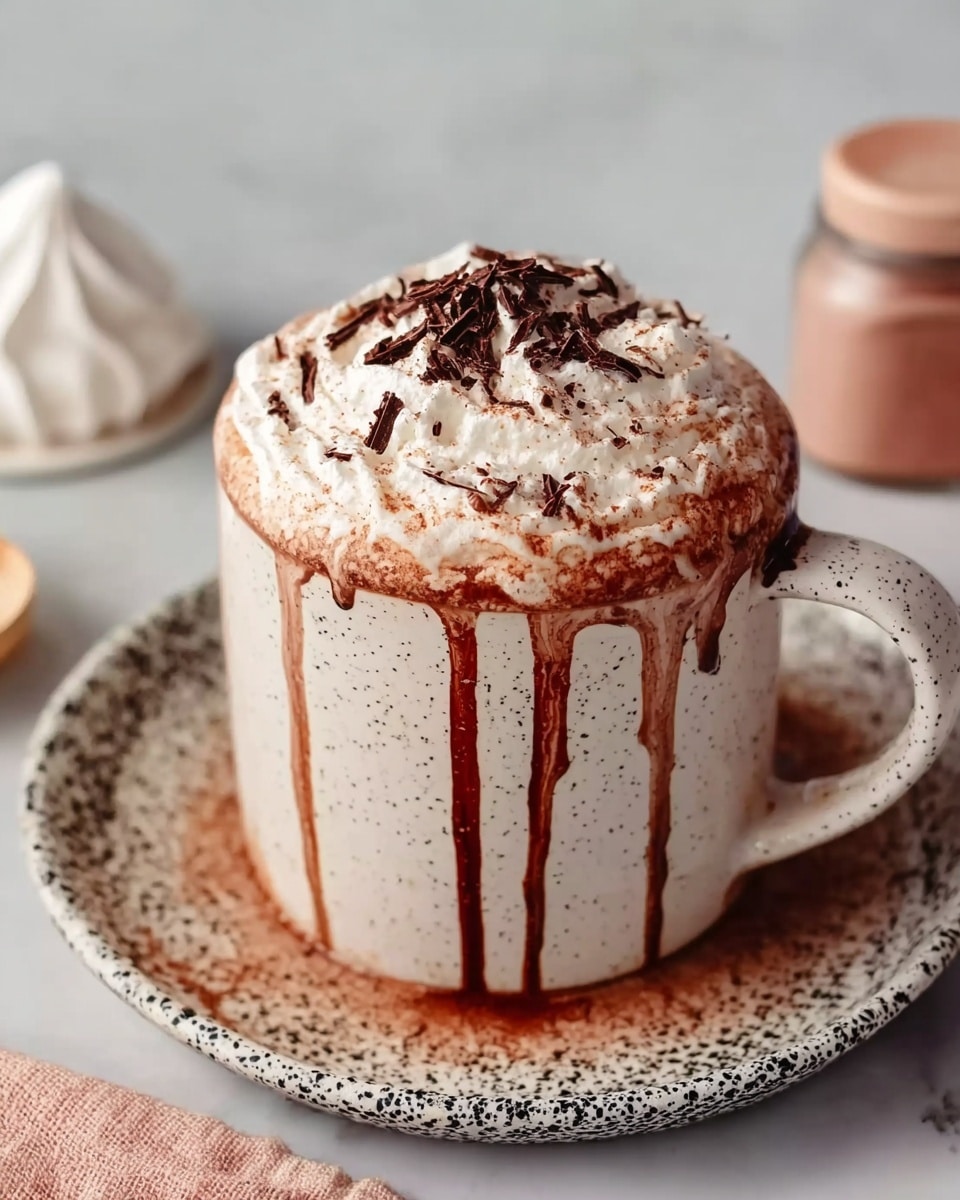The image shows a white ceramic mug filled with hot chocolate. The drink has one thick layer of frothy whipped cream on top, sprinkled with small, thin chocolate shavings. Chocolate syrup is dripping down the sides of the mug in thin lines. The mug sits on a white plate with a dark speckled pattern. Next to the plate, there is a white meringue and a small jar with a pink lid visible in the background on a white marbled surface. Photo taken with an iphone --ar 4:5 --v 7