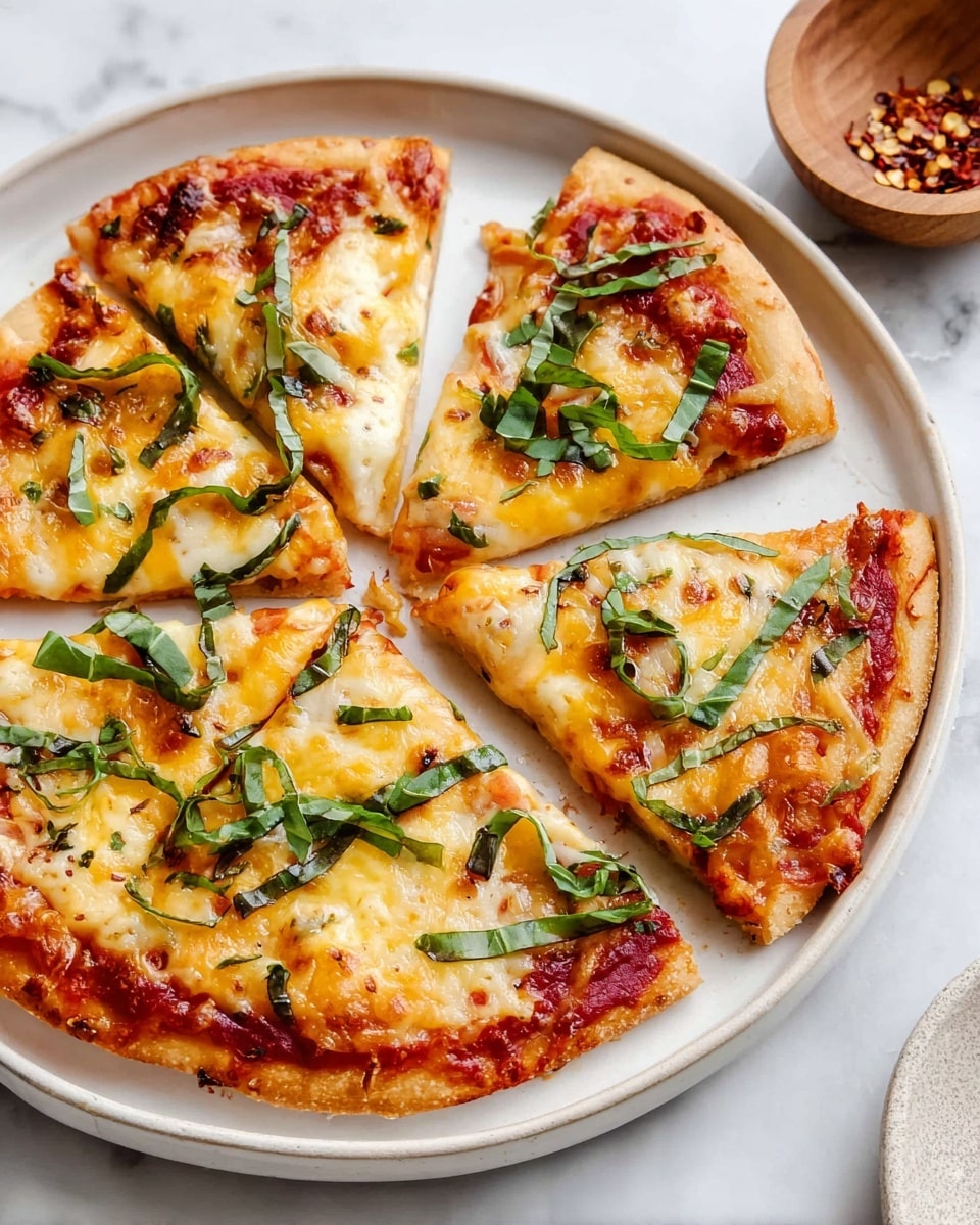 A white plate holds a small pizza sliced into five pieces, with a golden-brown thin crust as the base layer. On top of the crust is a red tomato sauce layer, covered by a melted yellow cheese layer that looks slightly browned in spots. Thin strips of fresh green basil are scattered over the cheese, adding a fresh contrast. The pizza slices are arranged near the center of the plate, and a small wooden bowl with red chili flakes sits in the white marbled background. photo taken with an iphone --ar 4:5 --v 7