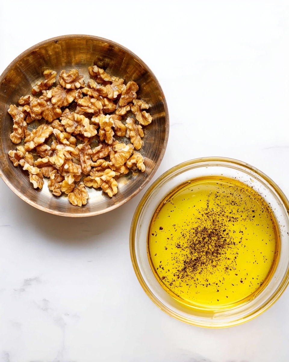 The image shows two parts side by side on a white marbled surface: on the left, a round metal pan contains a single layer of light brown walnut pieces, each with a rough and uneven texture, spread out evenly; on the right, a clear glass bowl holds a golden-yellow oily liquid sprinkled with tiny dark specks of ground pepper floating on the surface. photo taken with an iphone --ar 4:5 --v 7