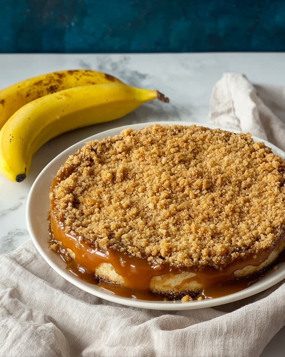 A round pie sits on a white plate with a thick, crumbly golden-brown topping layer covering the entire surface, slightly uneven in texture. Around the edges, a rich caramel layer spills over, glossy and smooth with a sticky appearance. Next to the plate, there is a whole yellow banana with a few brown spots resting on a white marbled surface, and a light-colored cloth partially underneath the plate. photo taken with an iphone --ar 4:5 --v 7
