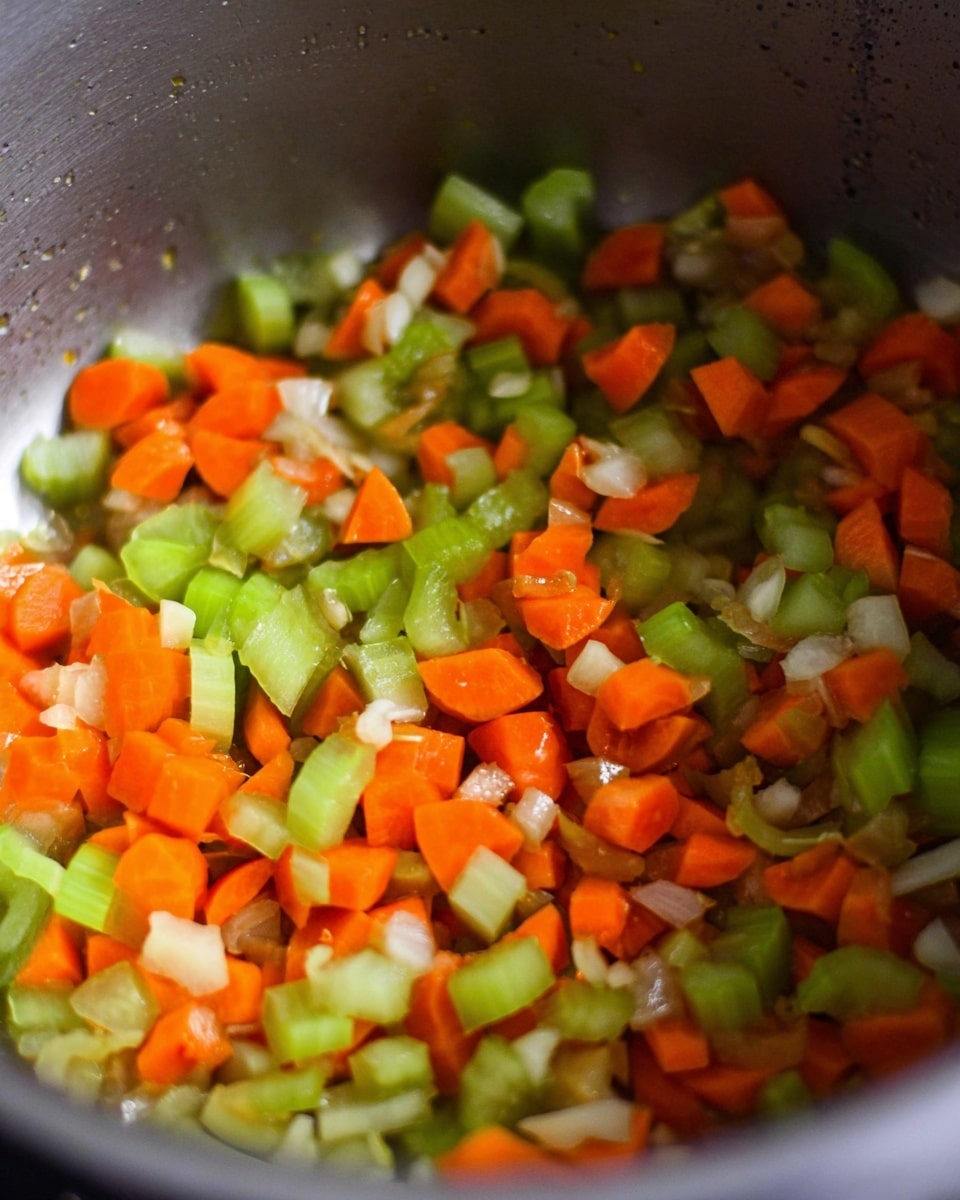 Inside a stainless steel pot, there is a mix of chopped vegetables including bright orange carrot slices, light green celery pieces, and small bits of white onion and garlic scattered throughout. The vegetables appear soft and slightly shiny, showing they are being cooked or sautéed. The image is close-up, focusing on the colorful mix inside the pot, with the pot's metal surface making a dull background. photo taken with an iphone --ar 4:5 --v 7
