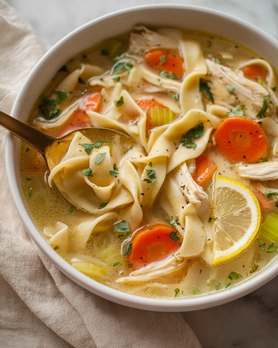 A white bowl filled with clear broth soup containing thick, flat, pale yellow noodles twisted and layered throughout. Bright orange carrot slices and pale green celery pieces are scattered evenly in the soup. Small chunks of white chicken sit amidst the noodles and vegetables. On the right side of the bowl, a thin slice of lemon with visible seeds floats on top. Small sprigs of fresh green herbs are sprinkled across the surface. A golden spoon resting inside the bowl partially lifts some noodles and vegetables. The bowl sits on a white marbled surface with a light beige cloth underneath. Photo taken with an iphone --ar 4:5 --v 7