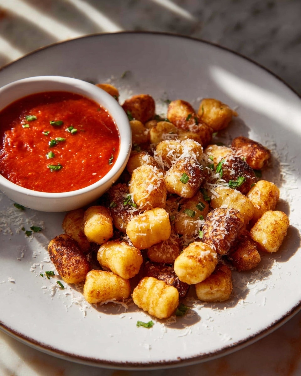 A close-up view of a white plate filled with small golden brown, fried gnocchi pieces, some darker and crispy, sprinkled with grated cheese and chopped green herbs. On the left side of the plate, there is a white bowl filled with bright red marinara sauce, garnished with small green herb bits. The plate sits on a white marbled surface with natural light casting soft shadows around the food. photo taken with an iphone --ar 4:5 --v 7