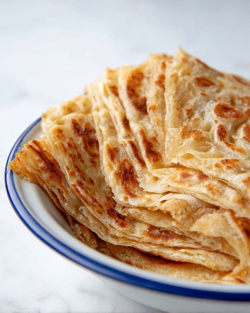A close-up image shows several folded pieces of golden brown flatbread stacked in a white bowl with a blue rim. The flatbread has many thin layers visible, with a slightly crispy and uneven browned surface texture. The layers reveal a soft, flaky interior with light and darker tan shades. The bowl sits on a white marbled surface, creating a clean and simple background. photo taken with an iphone --ar 4:5 --v 7