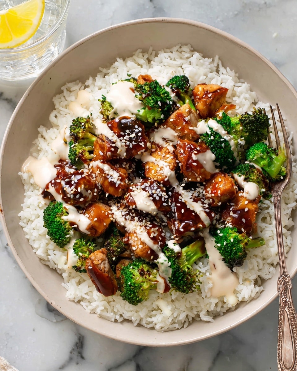 A white bowl filled with a base layer of fluffy white rice, topped with bright green broccoli florets and golden brown chicken pieces, all covered with a shiny dark brown sauce and drizzled with a pale creamy white sauce, sprinkled with small white sesame seeds. The bowl rests on a white marbled surface with a visible silver fork on the right edge. A glass of water with a lemon slice is placed near the top left corner. photo taken with an iphone --ar 4:5 --v 7