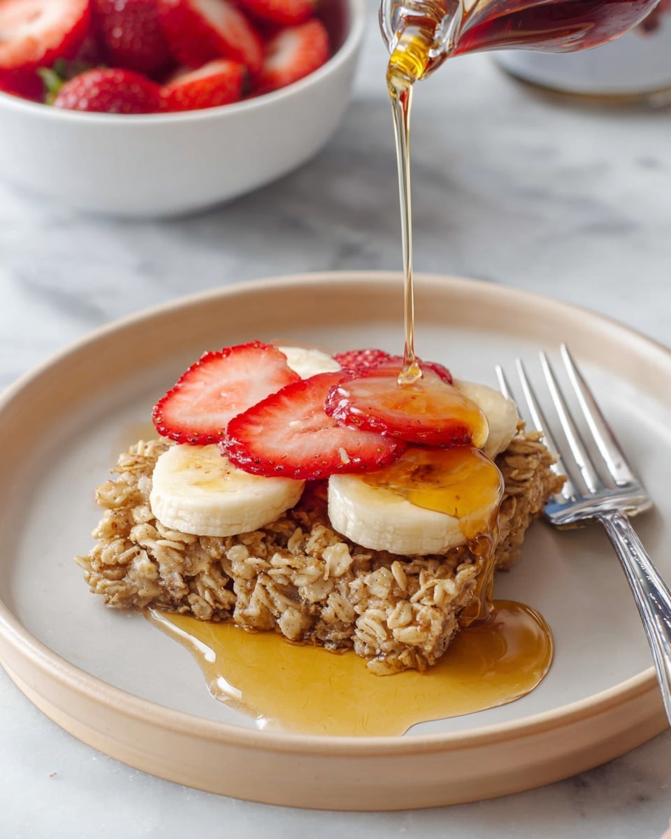 A white plate holds a single square oatmeal bar with a coarse, textured surface made of baked oats. On top, there are two thick slices of banana, pale yellow with soft edges, and three bright red strawberry slices, fresh with visible seeds and juicy texture. Golden syrup is poured in a thin stream over the fruit and oatmeal, creating shiny drips on the plate. A silver fork lies next to the oatmeal bar on the right side of the plate. The background is a white marbled surface with a white bowl partly visible, filled with more sliced strawberries. Photo taken with an iphone --ar 4:5 --v 7