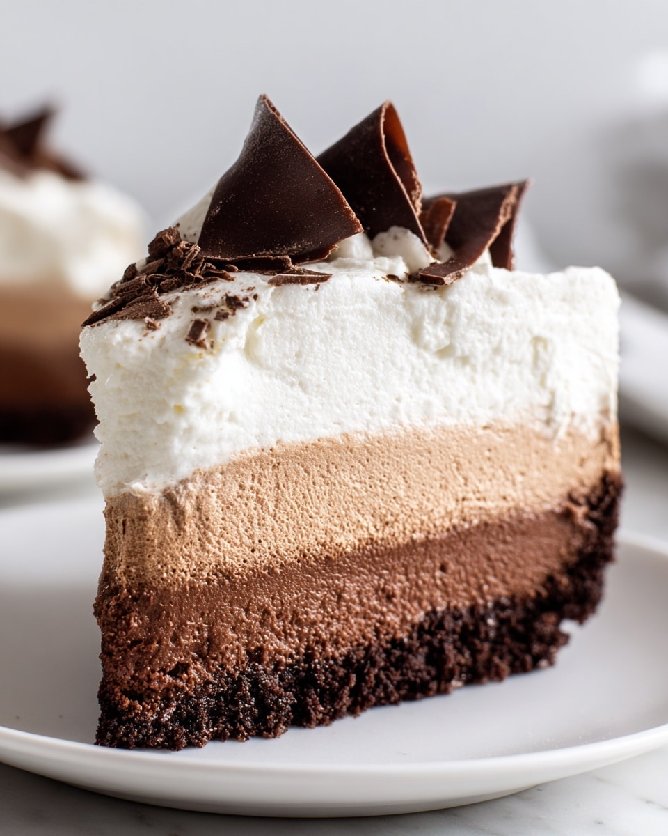 A slice of rich dessert sits on a white plate on a white marbled surface, showing three clear layers. The bottom layer is dark brown and crumbly, looking like a chocolate cookie crust. Above it is a thick, smooth light brown mousse layer with a creamy texture. The top layer is a thick, fluffy white cream spread unevenly over the mousse. On the very top, there are two dark, glossy chocolate curls placed as decoration. Photo taken with an iphone --ar 4:5 --v 7