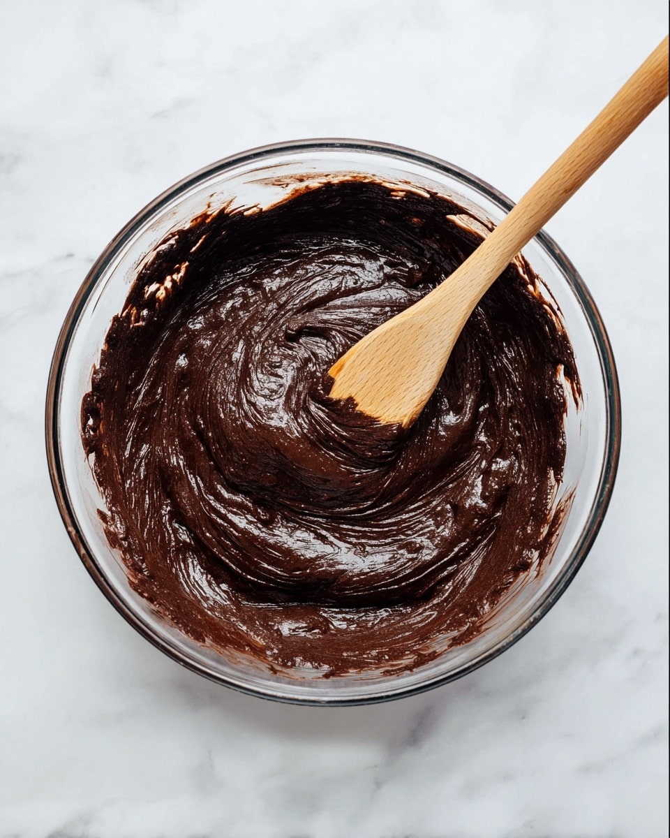 Inside a clear glass bowl on a white marbled surface sits thick, dark brown chocolate batter with a smooth and slightly shiny texture. A wooden spoon with a light wood handle rests inside the batter, covered halfway in the mixture. The batter forms soft swirls and ridges, showing its creamy consistency. Photo taken with an iphone --ar 4:5 --v 7