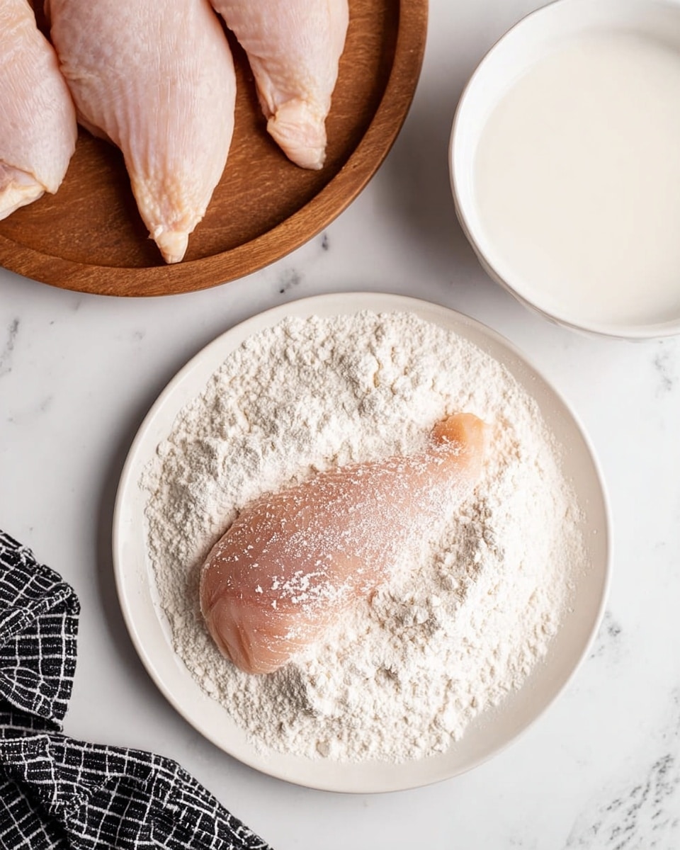A single raw chicken piece lies in the center of a shallow white plate filled with white flour dust, the flour creating a soft powdery layer under and around the chicken. Slightly above to the left, there is a round wooden tray holding several more raw chicken pieces with a light pink color and smooth texture. To the right of the plate, there is a white bowl filled with a white liquid, possibly milk or batter. The background is a white marbled surface, and a small part of a black and white checkered cloth appears at the bottom left corner. Photo taken with an iphone --ar 4:5 --v 7