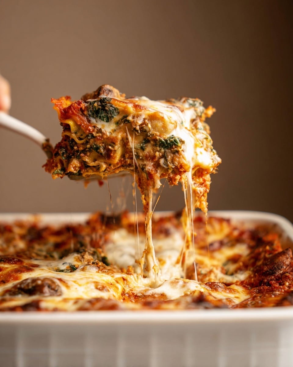 A white baking dish holds a thick lasagna with visible layers of melted cheese, red tomato sauce, and pieces of mushrooms and spinach, topped with a golden, slightly browned cheese layer. A woman's hand is lifting a portion with a spatula, showing gooey, stretchy cheese strings hanging down. The lasagna layers include a bottom pasta layer, a middle mix of sauce, vegetables, and cheese, and a thick cheese topping with browned spots, set against a simple soft brown background. Photo taken with an iphone --ar 4:5 --v 7