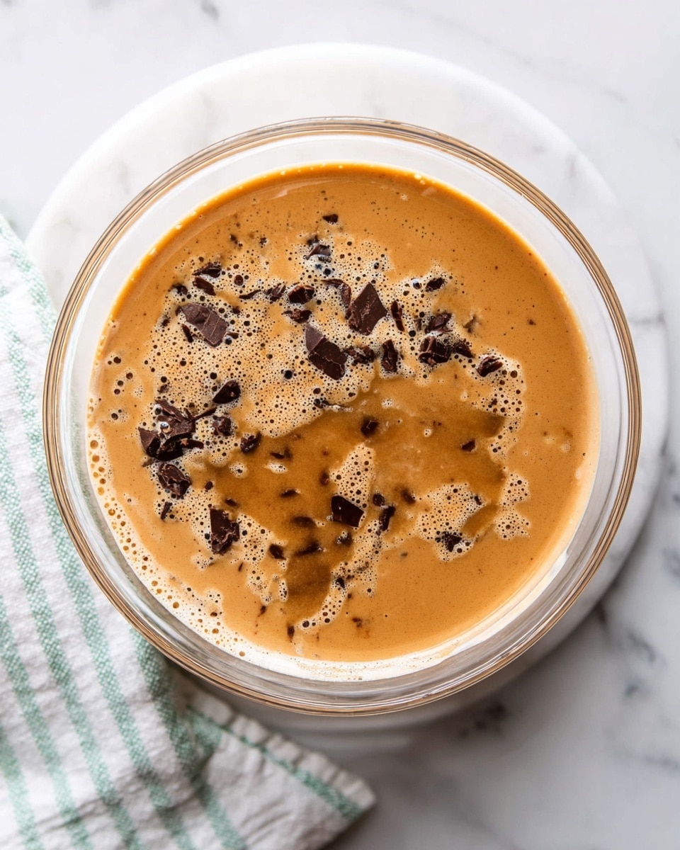 A clear glass bowl sits on a white marbled surface, holding a smooth light brown liquid with a slightly frothy texture on top. Dark brown chunks are scattered mostly on one side, partially submerged in the liquid, creating a contrast with the lighter brown base. The bowl is large and round, with the mixture evenly spread out inside. A light green and white striped cloth is partially visible under the bowl in the background. Photo taken with an iphone --ar 4:5 --v 7