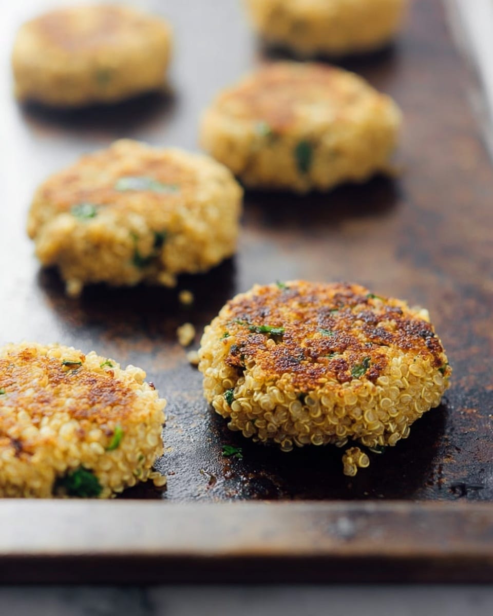 The image shows several small, round quinoa patties on a dark baking tray. The patties are golden brown with a slightly crispy texture and visible bits of green herbs mixed inside. They are arranged in a loose row, with one patty in clear focus near the front and the others blurred in the background. The tray sits on a white marbled surface. photo taken with an iphone --ar 4:5 --v 7