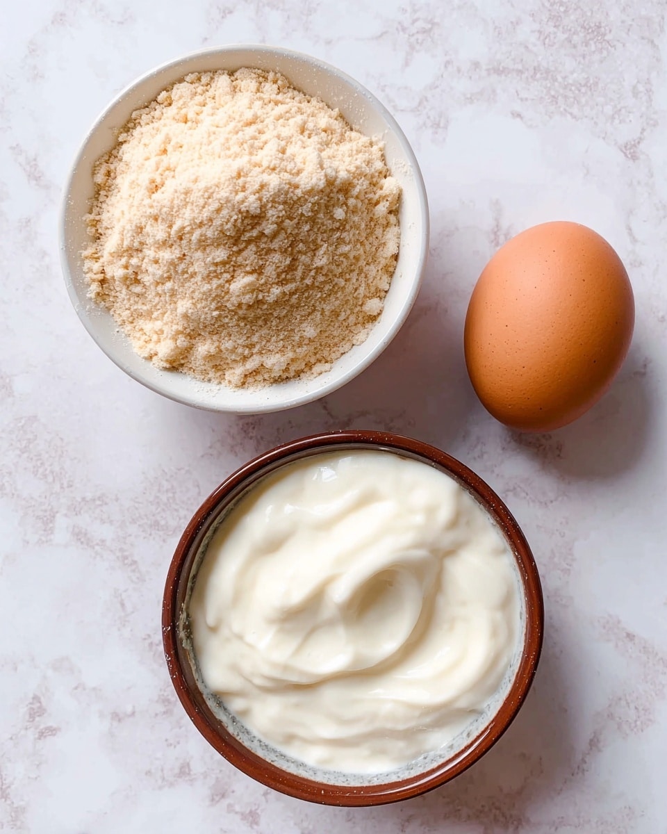 Three items are shown on a white marbled surface: a small white bowl filled with a light beige powder that has a crumbly texture, a single brown egg with a smooth shell, and a round bowl with a brown rim containing a thick, creamy white yogurt with visible swirls on its surface. photo taken with an iphone --ar 4:5 --v 7