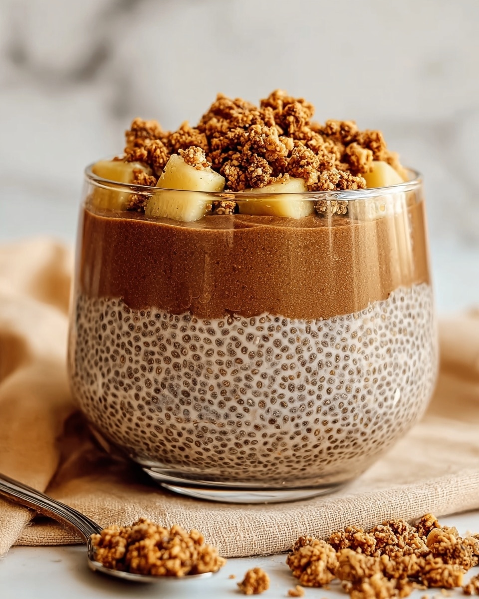 A clear glass bowl shows three layers: the bottom layer is light beige chia pudding with tiny dark chia seeds spread evenly, the middle layer is a smooth, dark brown thick sauce, and the top layer has small pale yellow fruit pieces mixed with crumbled brown granola sprinkled on top. Some granola crumbs are scattered near the bowl on a beige cloth, and the background is a white marbled texture. Photo taken with an iphone --ar 4:5 --v 7