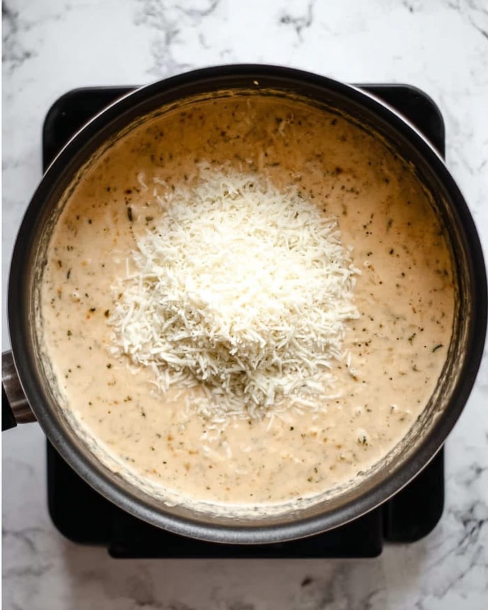 A black pot is filled with a creamy light brown sauce that has a smooth texture and small herb pieces mixed in. On top of the sauce, there is a layer of white grated cheese sitting in the middle, lightly melting into the sauce. The pot is placed on a black electric burner on a white marbled surface. The photo taken with an iphone --ar 4:5 --v 7