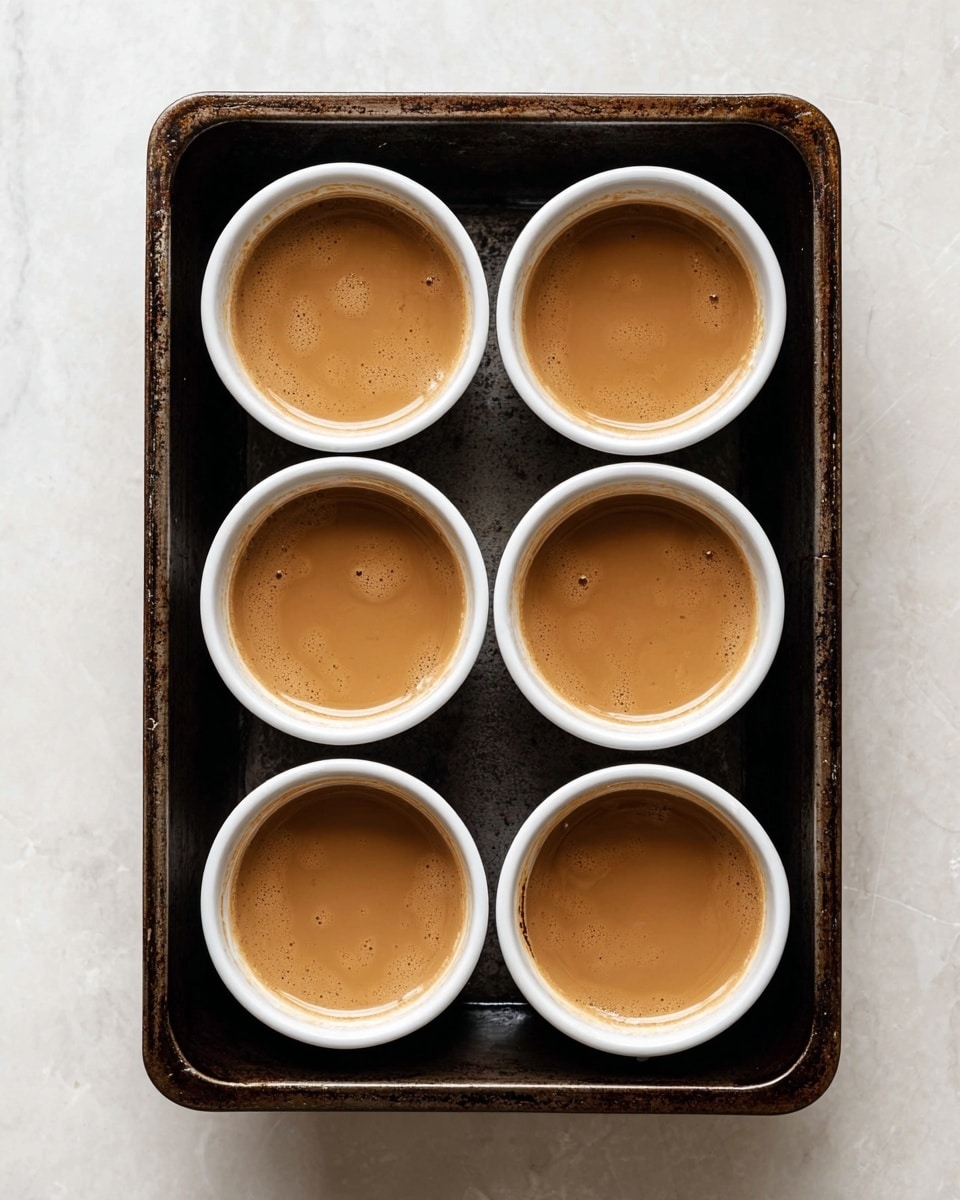 Six white ceramic ramekins filled with a smooth, light brown liquid are placed inside a dark metal rectangular baking pan, which shows signs of use with slight discoloration and marks. The ramekins are arranged in two rows of three, evenly spaced within the pan. The liquid in each ramekin has a subtle shine and faint bubbles around the edges, with slight swirling patterns on the surface. The baking pan sits on a white marbled surface, adding a clean contrast to the dark pan and light ramekins. photo taken with an iphone --ar 4:5 --v 7