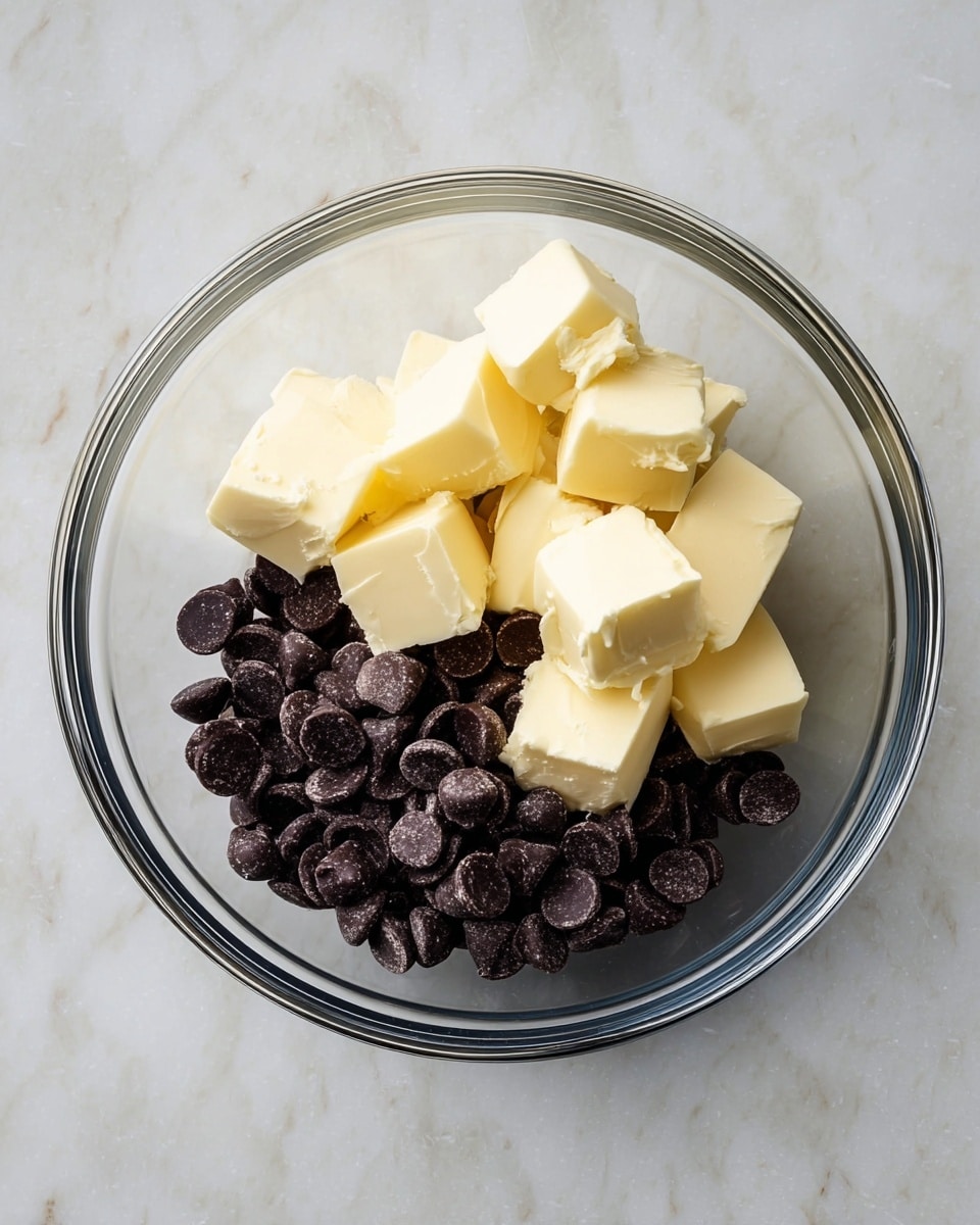 A clear glass bowl sits on a white marbled surface, filled with two main layers of ingredients. The bottom layer contains shiny, dark chocolate chips with a smooth and round texture, clustered together and filling half the bowl. On top of the chocolate chips are several cubes of pale yellow butter, soft but holding their shape, scattered loosely over the chocolate. The bowl is simple and round, showing all the layers clearly from above. Photo taken with an iphone --ar 4:5 --v 7