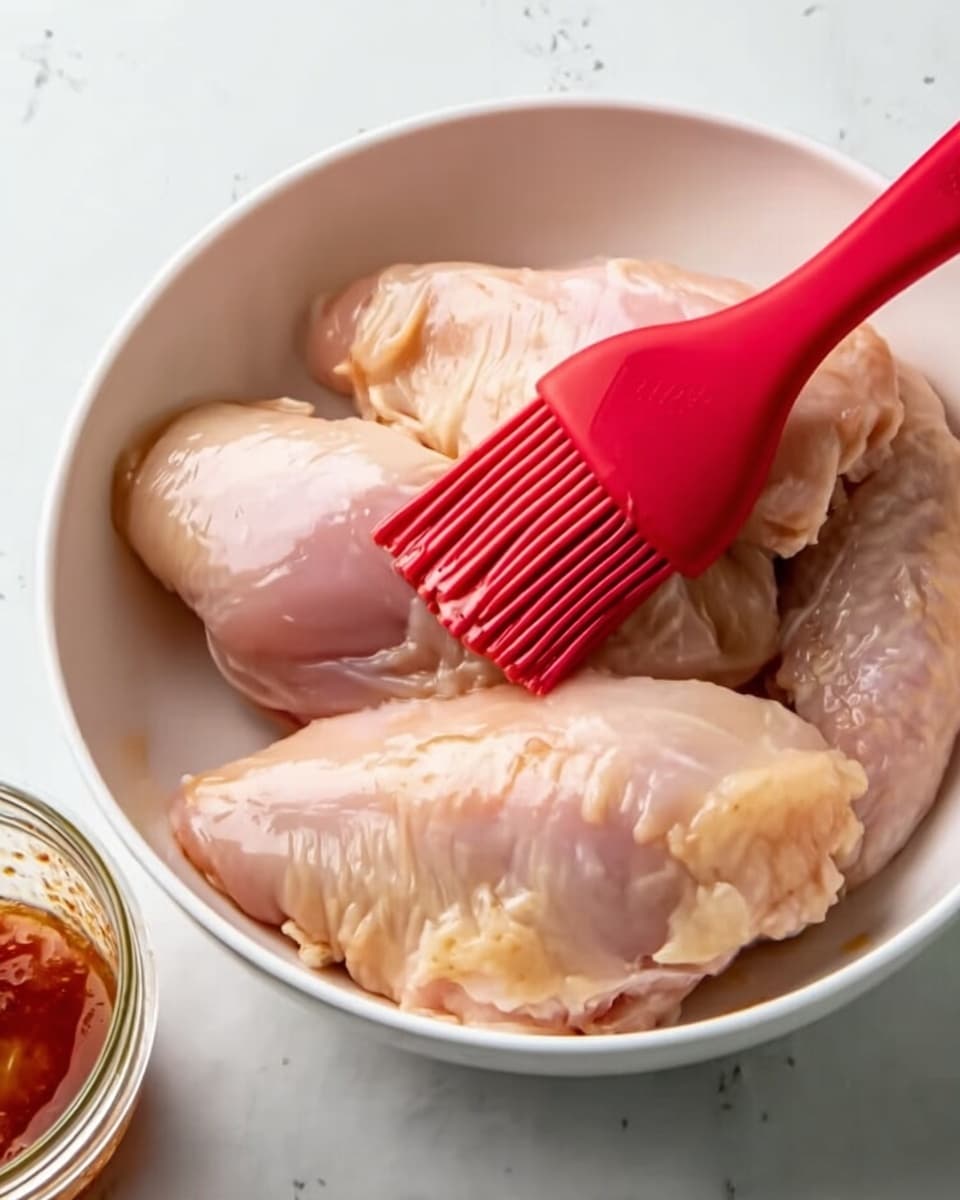 A white bowl on a white marbled surface contains three raw chicken pieces laying flat and slightly overlapping inside. A bright red silicone brush is brushing sauce over the top chicken, its bristles touching the meat and the handle leaning out of the bowl. The chicken is pale pink with some parts looking shiny due to the sauce. A small glass jar with some sauce is seen at the left edge of the image. Photo taken with an iphone --ar 4:5 --v 7