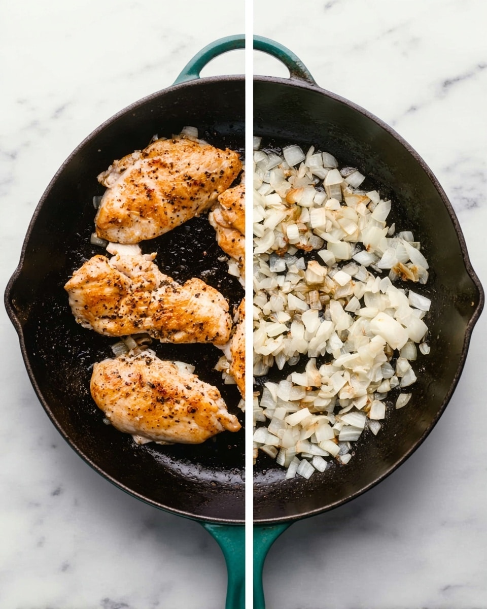 The image is split into two parts. On the left, there is a black cast iron pan with a green handle on a white marbled surface. Inside the pan, there are four pieces of cooked chicken with a golden-brown color and some black pepper spots. On the right side, the same pan holds small white chopped onion pieces spread evenly inside, showing some light browning on the bottom. The pan's texture is clearly visible with the food inside. Photo taken with an iphone --ar 4:5 --v 7