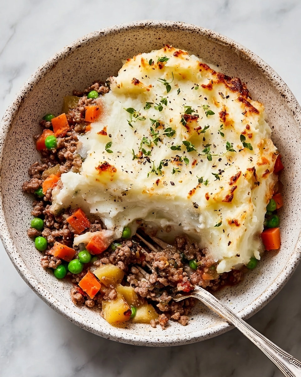 The image shows a white speckled bowl holding a two-layer dish. The bottom layer consists of brown cooked ground meat mixed with bright orange carrot cubes, green peas, and small yellow potato pieces. The top layer is a thick, creamy white mashed potato topping with small browned spots and black pepper sprinkled with fresh green herb bits. A silver fork is placed inside the bowl on the right side, partly under the mashed potato layer. The bowl is placed on a white marbled surface. Photo taken with an iphone --ar 4:5 --v 7