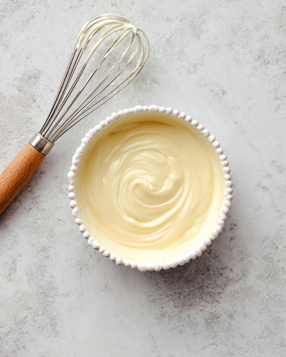A white bowl with a round bead-like edge is filled with smooth, creamy, pale yellow mixture swirled gently on top, sitting on a white marbled surface. To the left of the bowl lies a metal whisk with a wooden handle, some of the creamy mixture lightly coating its wires. The scene is simple and clean, focusing on the texture of the cream and the delicate shape of the bowl photo taken with an iphone --ar 4:5 --v 7