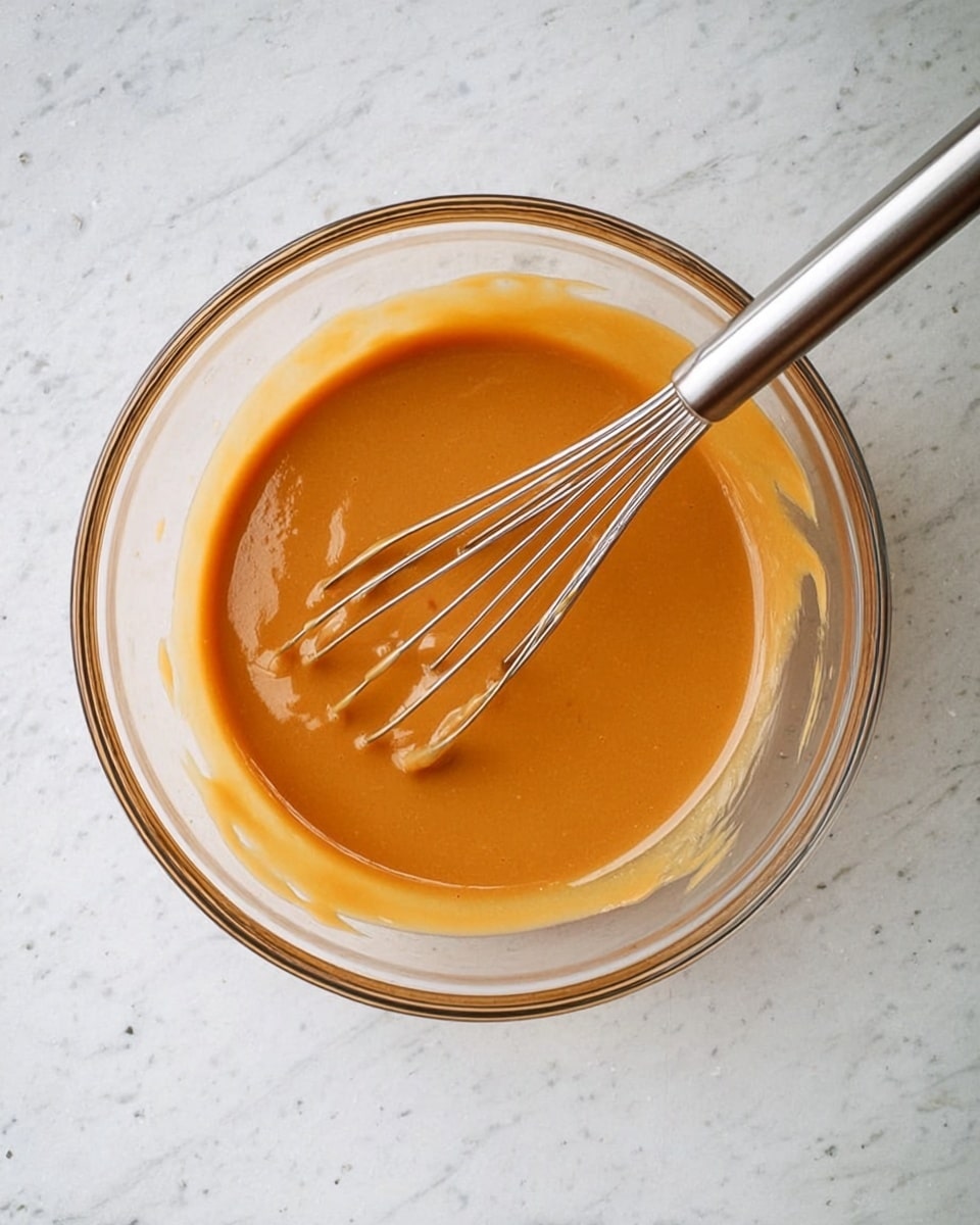 A clear glass bowl filled with a smooth, thick caramel-colored sauce. The sauce has an even texture and a shiny surface. A silver metal whisk rests inside the bowl, partially covered in the sauce. The bowl is placed on a white marbled surface, with no other objects in the frame. photo taken with an iphone --ar 4:5 --v 7