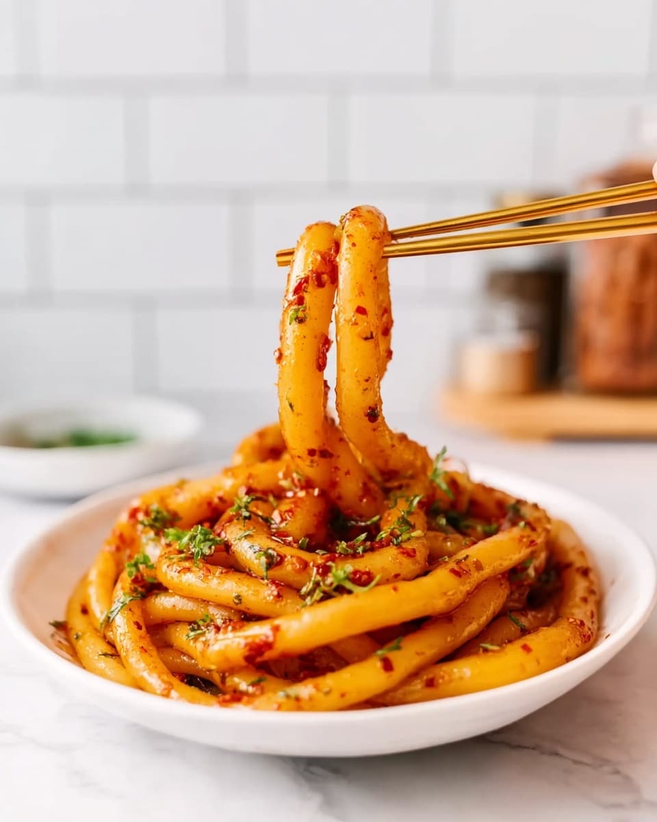 Thick, shiny, golden-yellow noodles covered in red chili flakes and small green herb pieces lie on a white plate, forming a piled ring shape. A woman's hand holds golden chopsticks lifting two glistening noodles above the plate, showing their smooth and slightly oily texture. The white plate sits on a white marbled surface, and the background features soft white tiles with blurred containers. The photo taken with an iphone --ar 4:5 --v 7