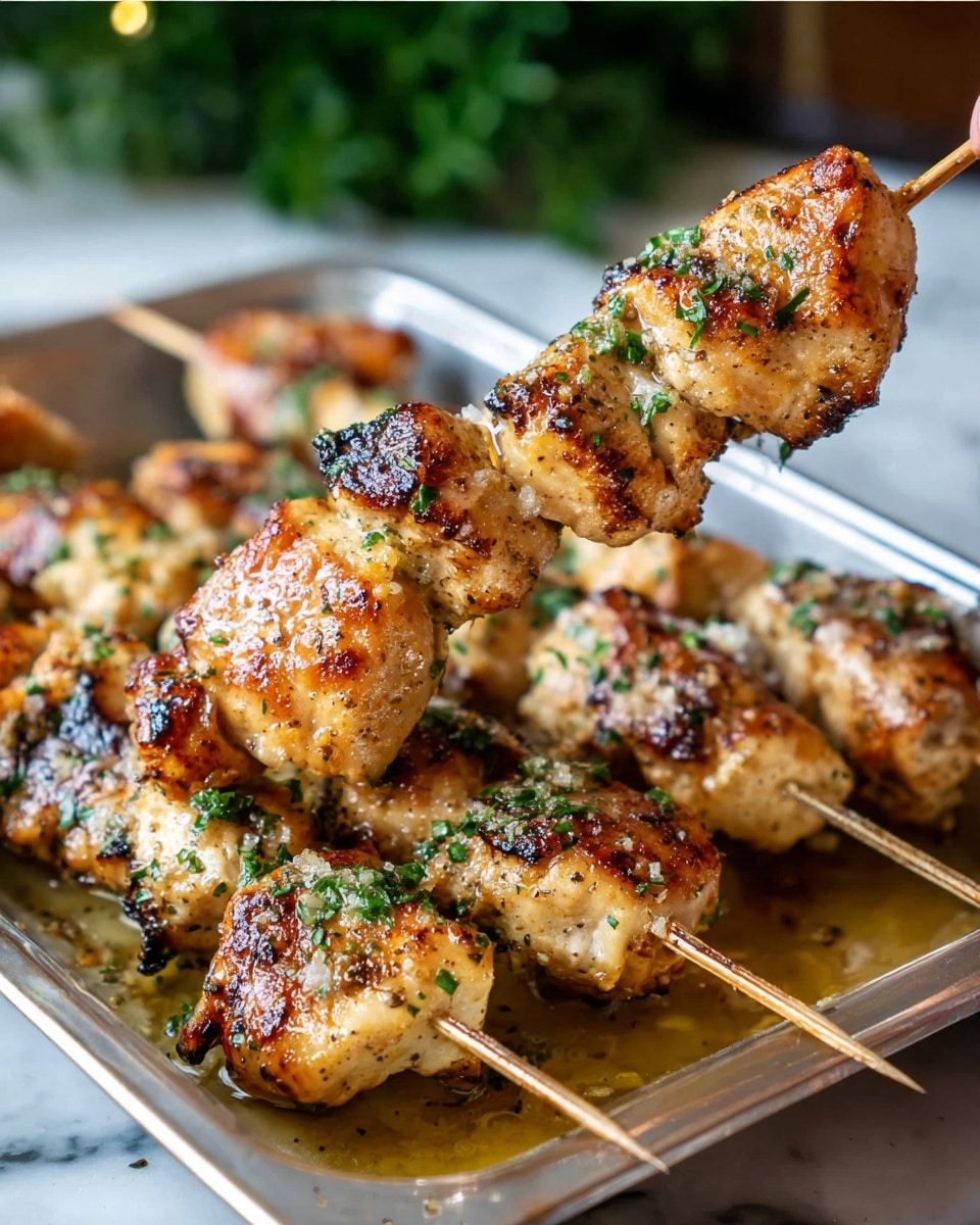 The image shows several skewers with grilled pieces of chicken, placed in a silver tray with golden sauce at the bottom. Each skewer holds four to five chunky pieces of chicken that are golden brown with some crispy edges, sprinkled with chopped green herbs for a fresh look. A woman's hand holds one skewer above the tray, showing the chicken pieces closely. The tray sits on a white marbled surface, with a blurred green background adding a fresh feel. photo taken with an iphone --ar 4:5 --v 7