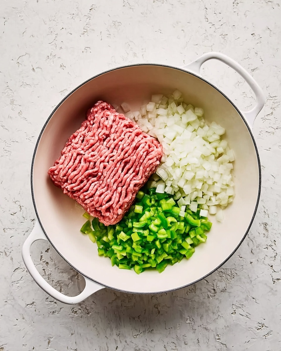 A white pan with two handles holds four separate piles of ingredients arranged neatly inside. At the bottom left, there is a square block of raw ground meat with a pinkish-red color and a textured surface showing parallel lines. Above this block, there is a cluster of small chopped white pieces of garlic. To the right of the garlic, there is a heap of small green chopped bell pepper pieces, and above the meat and pepper, there is a pile of finely chopped white onion pieces. The pan sits on a white marbled textured surface. Photo taken with an iphone --ar 4:5 --v 7