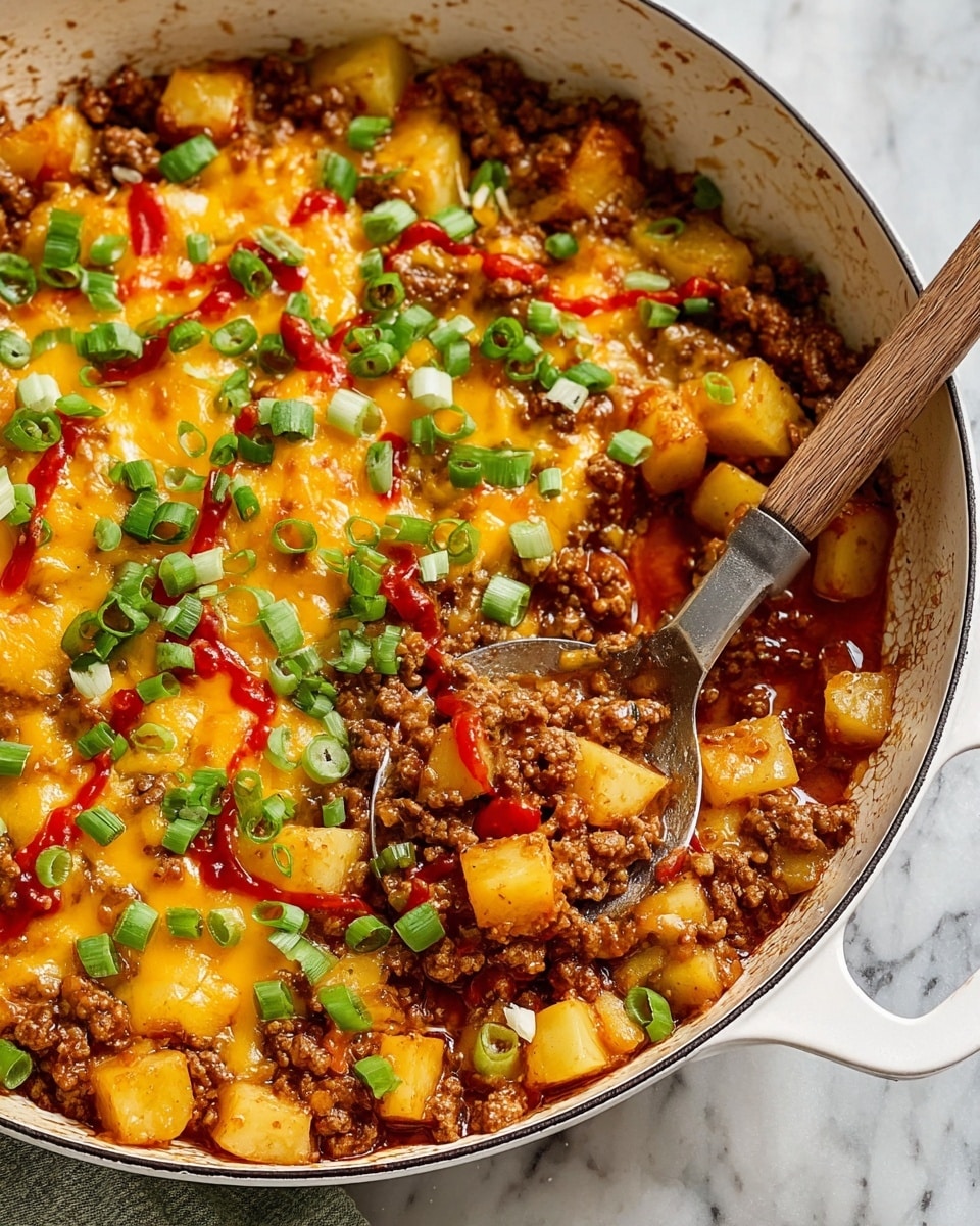 A white pan filled with a dish that has three main layers: the bottom layer is ground meat cooked with small green pepper pieces, mixed with small yellow potato cubes; the middle layer is melted yellow cheese spread evenly over the meat and potatoes; the top layer is sprinkled with chopped green onions and drops of red sauce. A metal spoon with a wooden handle is scooping some of the dish from the middle of the pan, showing the layers clearly. The pan is on a white marbled background. photo taken with an iphone --ar 4:5 --v 7