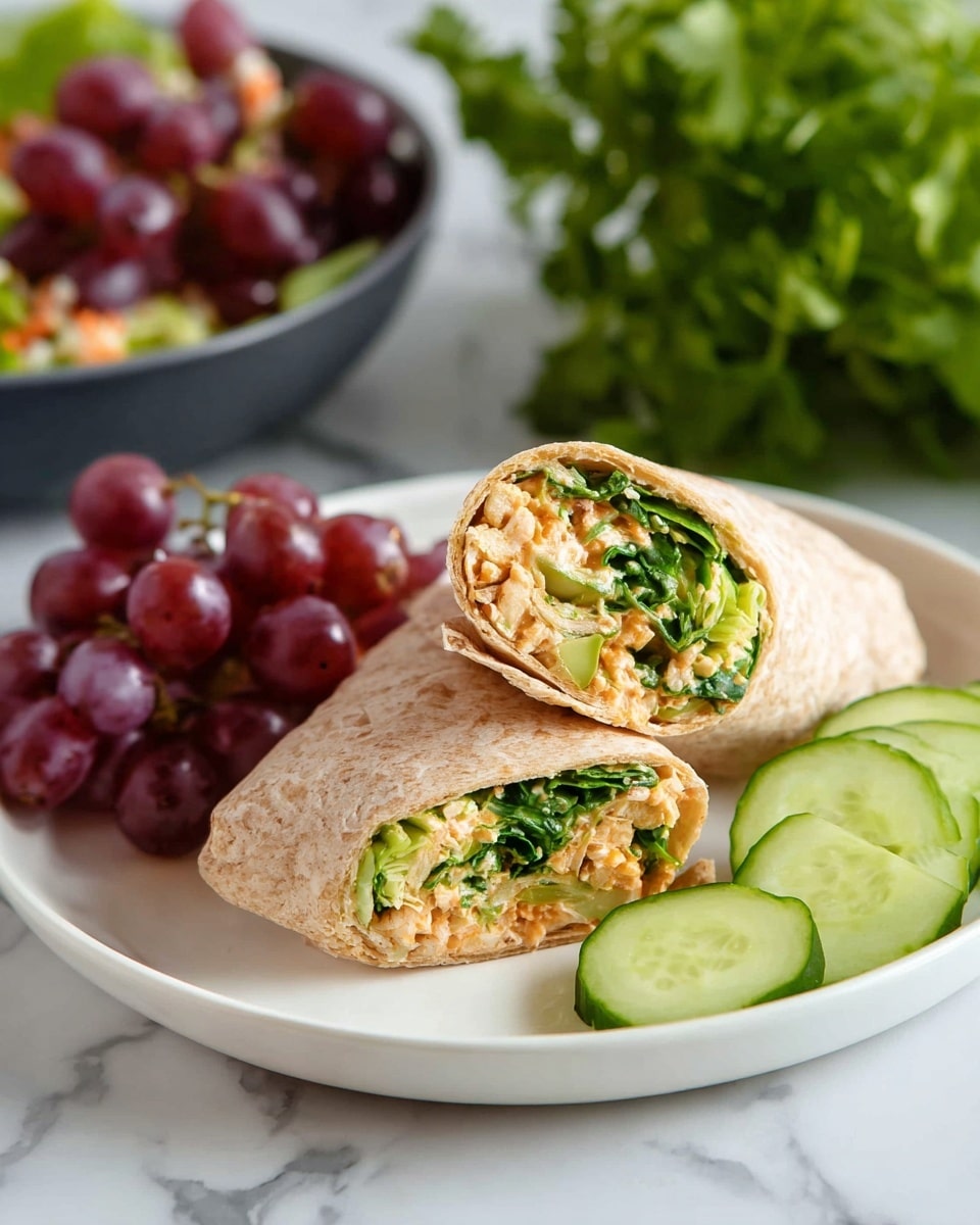 A white plate holds a wrap cut in half, showing two visible layers inside: a light brown whole wheat tortilla on the outside and a filling with green leafy spinach and mixed vegetables in orange, pale yellow, and light green colors inside. The wrap is placed next to a small bunch of red grapes and several slices of fresh cucumber with a bright green skin and light green centers. In the background, there is a white marbled surface with a bunch of fresh green herbs and a dark bowl with salad pieces. Photo taken with an iphone --ar 4:5 --v 7