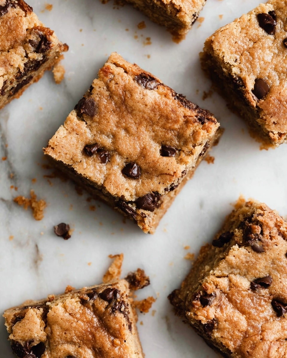 The image shows several square pieces of golden-brown blondies with visible dark chocolate chips spread inside. Each blondie has a rough, slightly crumbly top layer with a soft, dense texture below, and darker chocolate chips contrasting with the lighter dough. The pieces are placed directly on a white marbled surface, with some small crumbs scattered around, showing they were broken apart. The overall look is warm and inviting, emphasizing the gooey chocolate spots inside the thick blondie layers photo taken with an iphone --ar 4:5 --v 7