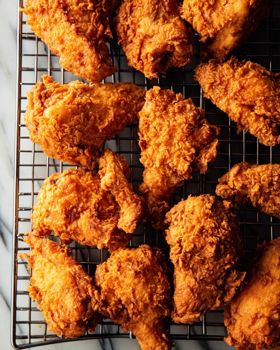 The image shows multiple pieces of golden brown fried chicken with a crunchy and uneven texture, all placed on a black wire cooling rack. Each piece varies in shape and size, with craggy, crispy breading covering every piece, creating a rough and textured look. The wire rack contrasts with the crispy chicken, emphasizing the detailed crispiness. The background features a white marbled texture. photo taken with an iphone --ar 4:5 --v 7