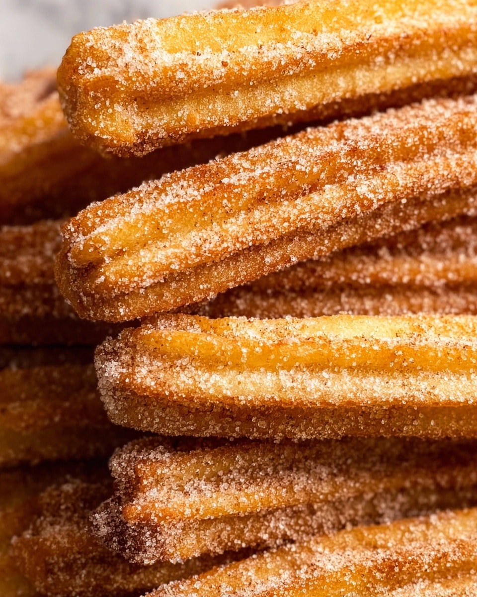 A close-up view of several golden-brown churros stacked closely together, each churro covered in a thick layer of coarse sugar and cinnamon granules that add a rough, sparkly texture. The churros have a ridged surface with slightly darker edges, showing a crisp outside. The image focuses tightly on the layers of churros, filling the frame with their warm golden color and sugar crystals. The background is a white marbled texture. photo taken with an iphone --ar 4:5 --v 7
