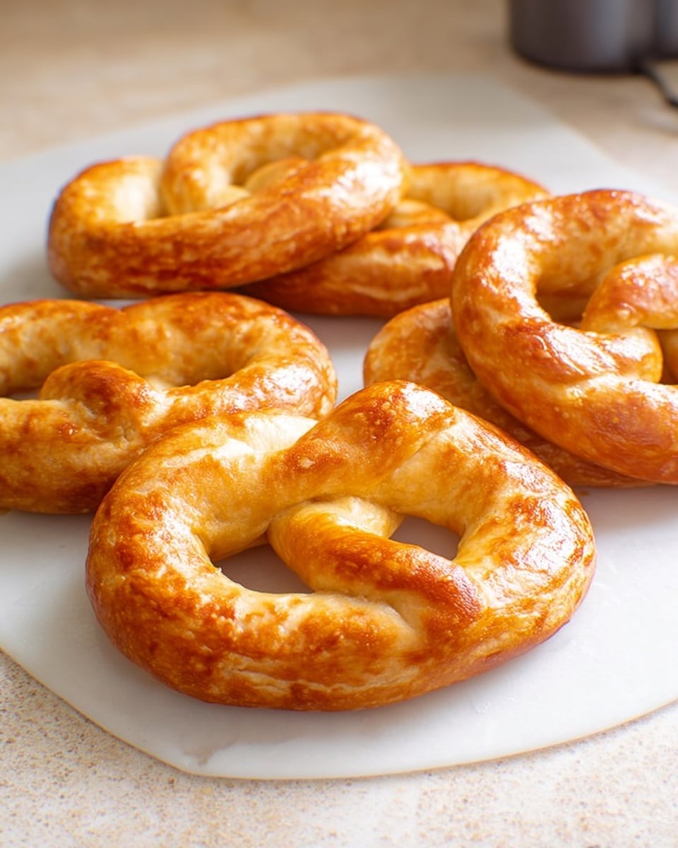 The image shows five golden brown soft pretzels arranged close together on a white marbled surface. Each pretzel has a smooth, shiny crust with a slightly twisted, knotted shape and a slightly puffed texture. The pretzels are lying flat, overlapping slightly, showing their rounded edges and inner loops clearly. The light reflects on the glossy crust, highlighting the soft, baked dough texture. In the background, there is a blurred container. The scene is bright and clean, with a warm and inviting feel. Photo taken with an iphone --ar 4:5 --v 7