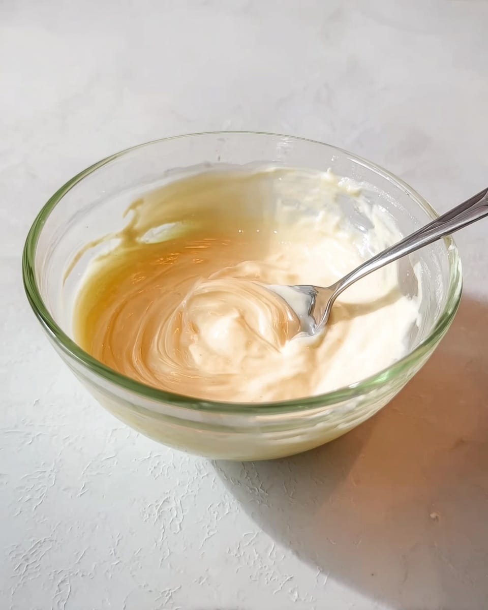 A clear glass bowl sits on a white marbled surface, filled with a creamy mixture showing swirls of light beige and pale yellow. A silver spoon rests inside, its handle leaning right, partially covered with the creamy texture. The bowl is round and transparent, allowing a good view of the smooth, soft layers inside. The background is softly blurred, highlighting the bowl and its contents. Photo taken with an iphone --ar 4:5 --v 7