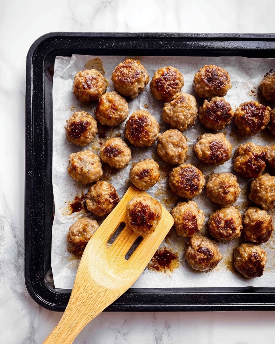The image shows a black baking tray lined with white parchment paper on a white marbled surface. On the tray, there are around 30 small, round baked meatballs with a browned and slightly crispy texture. The meatballs are arranged in a loose cluster, with some darker spots indicating they are well cooked. A wooden spatula is lifting one meatball near the bottom center, with the wooden texture visible. The tray has some baked-on grease spots around the meatballs. Photo taken with an iphone --ar 4:5 --v 7