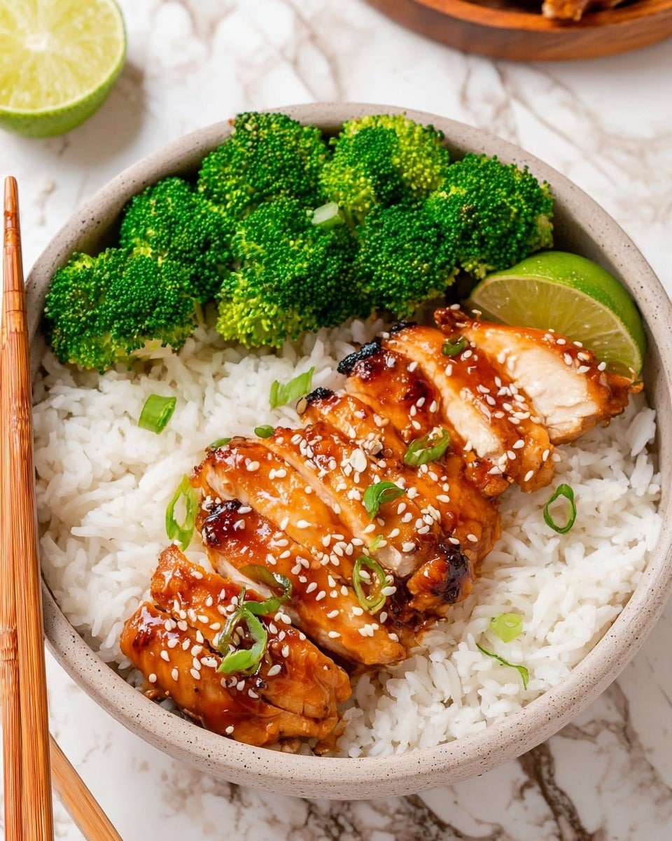 A white bowl filled with a base layer of fluffy white rice, topped with bright green broccoli florets arranged on one side, and on the other side, neatly sliced pieces of glazed golden-brown chicken with a shiny sauce, sprinkled with white sesame seeds and small green onion pieces, with a small lime wedge resting on the rice near the chicken, all placed on a white marbled surface, with wooden chopsticks positioned at the bowl’s edge, photo taken with an iphone --ar 4:5 --v 7