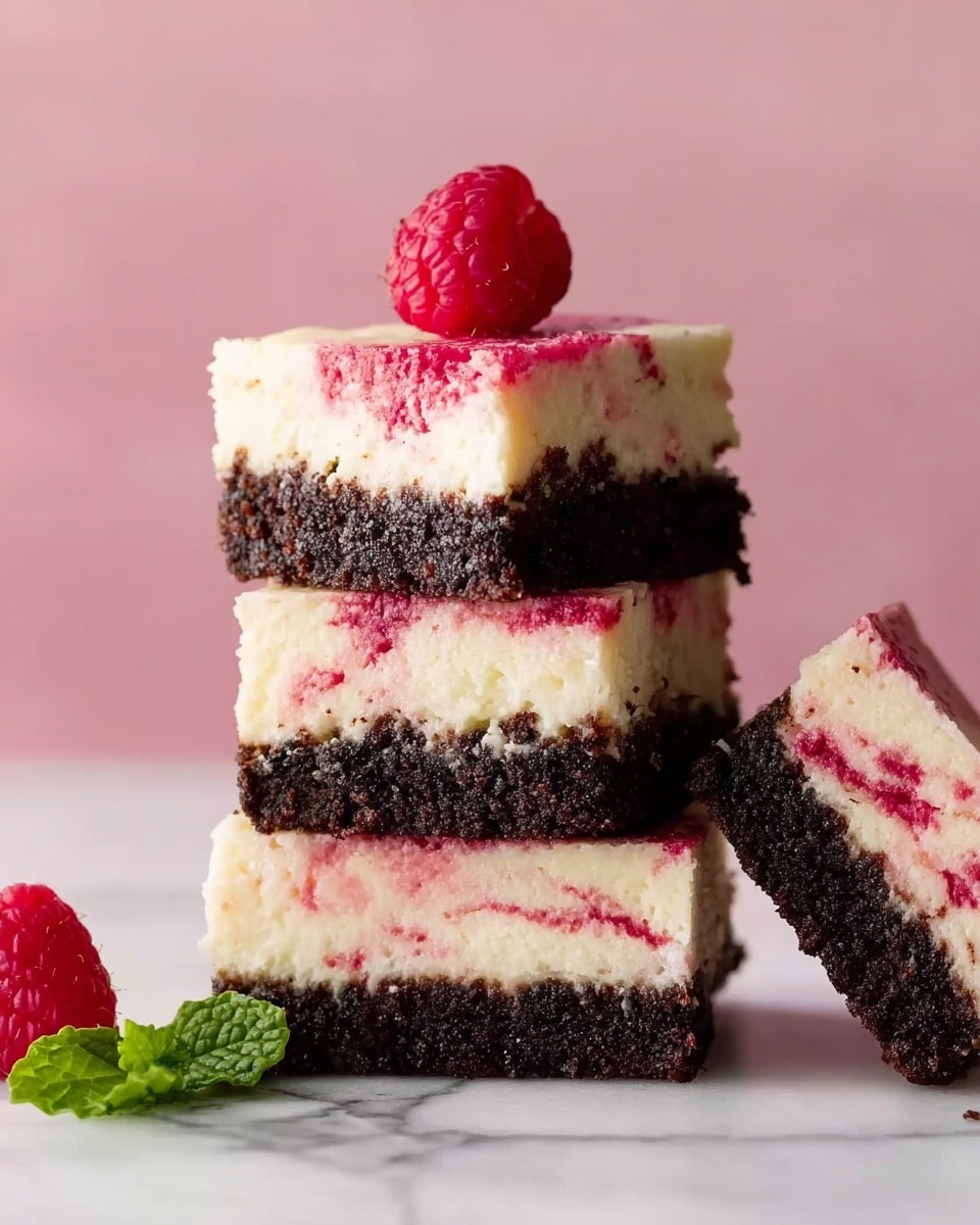 The image shows a stack of three square dessert bars on a white marbled surface. Each bar has two layers: a thick, crumbly dark brown base and a thick creamy white top layer with light pink streaks of raspberry. On top of the stack, there is one fresh raspberry. A fourth dessert bar leans against the stack, showing the two visible layers from the side. A green mint leaf and an additional raspberry lie near the base of the stack. The background is soft pink. Photo taken with an iphone --ar 4:5 --v 7