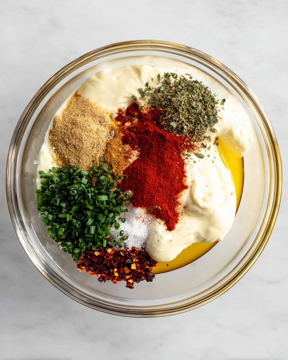 A clear glass bowl sits on a white marbled surface filled with a mix of ingredients arranged in separate layers. Starting from the right side, there is a thick, creamy white layer that looks like mayonnaise. Around it, various spices and herbs are placed in small piles: bright red chili powder at the bottom center, dark green chopped chives and parsley on the left side, light brown garlic powder with black pepper near the top left, deep red crushed chili flakes on the top right, and a small pile of white salt just below the chili flakes. All these ingredients surround a yellow layer that looks like oil at the bottom right of the bowl. The colors and textures are distinct and neatly organized, ready to be mixed. photo taken with an iphone --ar 4:5 --v 7