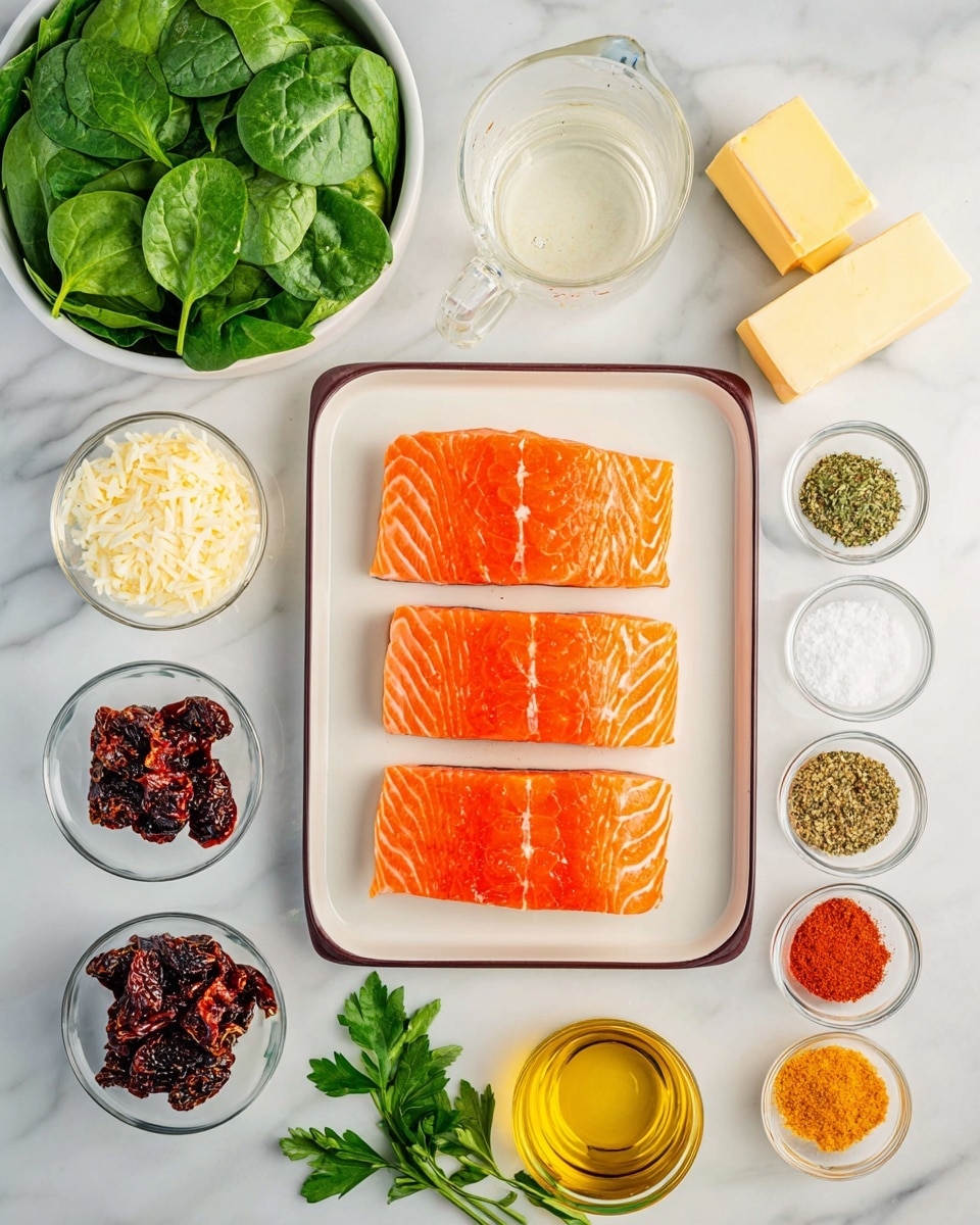 The image shows a neat arrangement of cooking ingredients on a white marbled surface. In the center left, there is a white rectangular tray with a dark rim holding four bright orange salmon fillets with visible white lines. To the top left, a white bowl filled with fresh green spinach leaves is visible. Nearby, a clear measuring cup contains a white liquid, and a small white bowl with minced garlic is placed next to it. A small yellow stick of butter sits above the salmon. On the right side, there are small clear bowls arranged vertically containing black pepper, red chili flakes, salt, a red powder, and a yellow powder. At the bottom left, two small white bowls hold dark dried tomatoes and grated cheese. Fresh green parsley leaves are placed at the bottom center, and a glass container filled with golden oil is situated at the bottom right. photo taken with an iphone --ar 4:5 --v 7