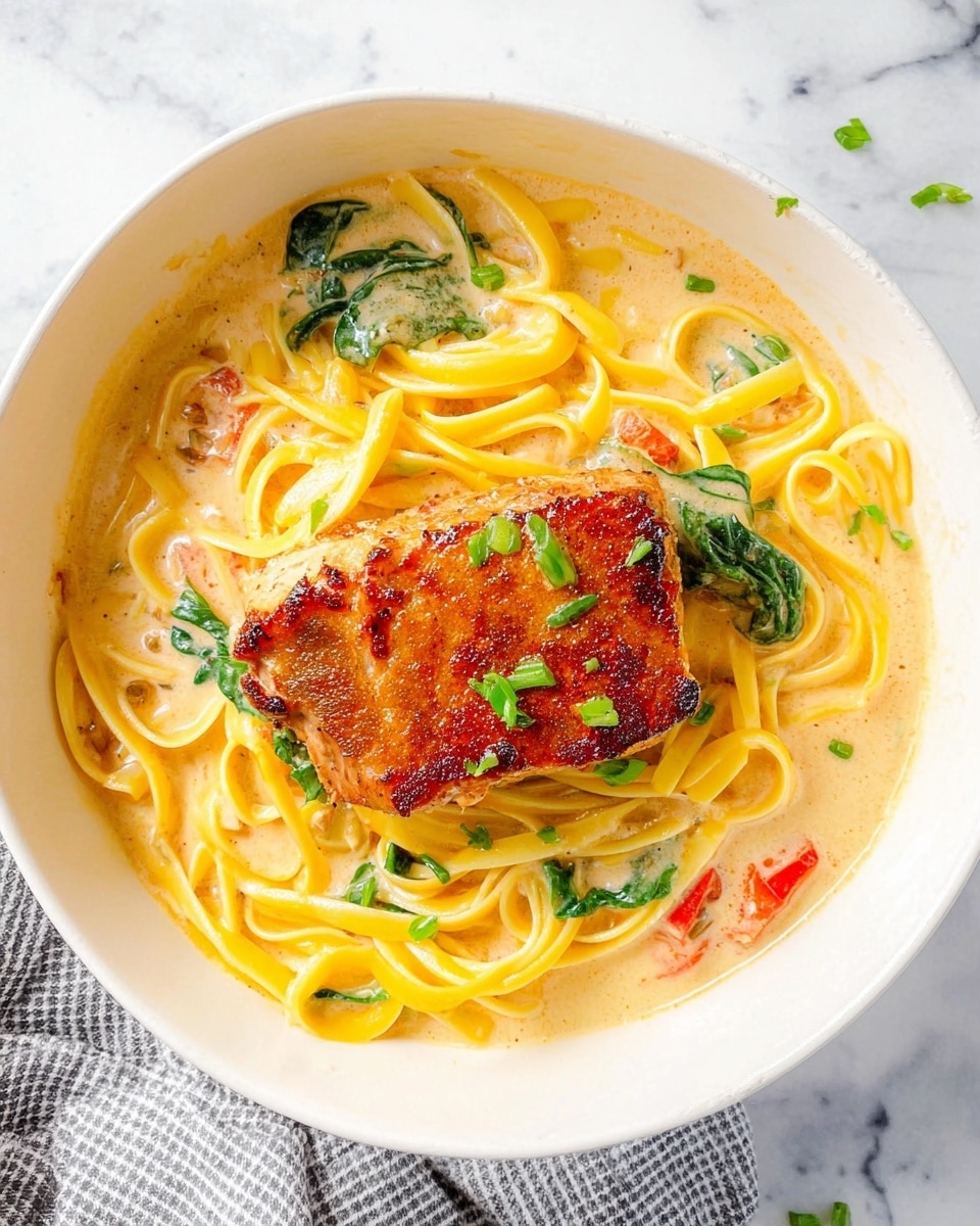 A dish served in a white bowl with thick yellow pasta forming the bottom layer, arranged in a swirling pattern. On top sits a single piece of golden-brown cooked meat, covered in a creamy sauce with visible green spinach leaves and small pieces of red bell pepper scattered throughout. The sauce has a smooth, slightly thick texture and lightly coats the pasta near the edges. Small green herb pieces are sprinkled on top, adding a fresh touch. The bowl is placed on a white marbled surface with a folded gray and white checkered cloth partly visible at the bottom edge of the image. Photo taken with an iphone --ar 4:5 --v 7