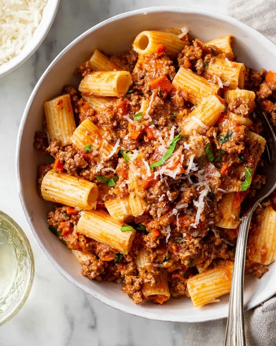 A white bowl filled with rigatoni pasta mixed with a thick, chunky meat sauce. The sauce has small pieces of brown ground meat, orange bits of carrot, red tomato pieces, and tiny green basil strips spread throughout. Some pasta tubes sit on top, showing a smooth pale yellow color with the sauce coating them lightly. A few small shreds of grated white cheese are sprinkled over the dish. A silver fork rests inside the bowl. The bowl is set on a white marbled surface with part of a white bowl of rice and a glass cup visible near it. Photo taken with an iphone --ar 4:5 --v 7